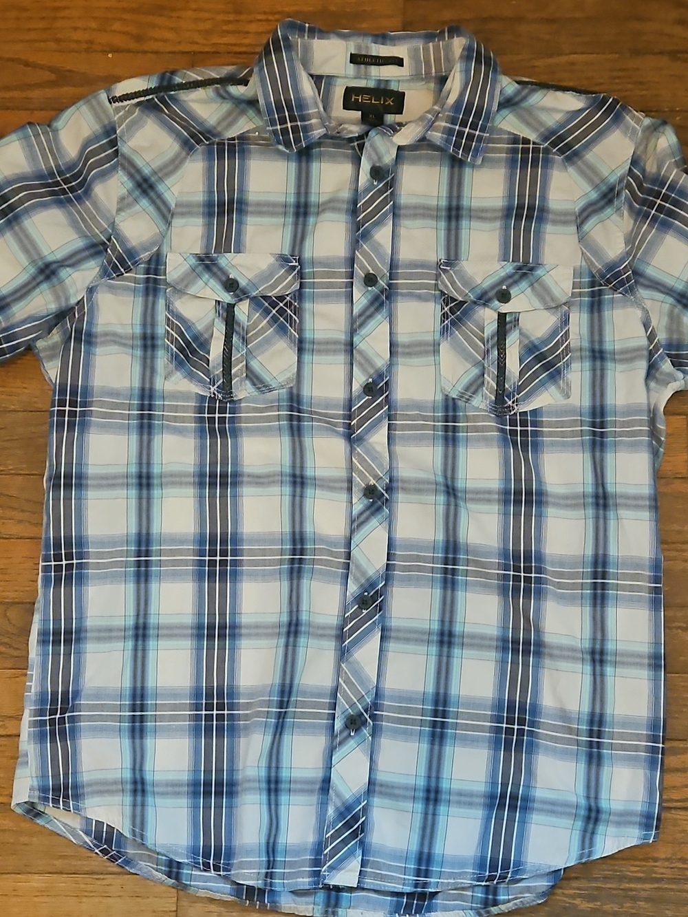 Helix Blue and White Plaid Short-Sleeve Button-Down Shirt